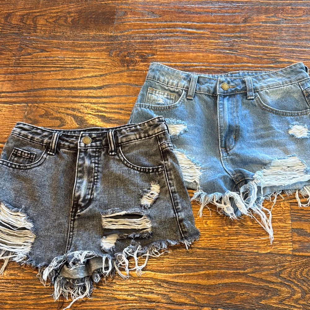 Distressed Denim Shorts - Black and Blue